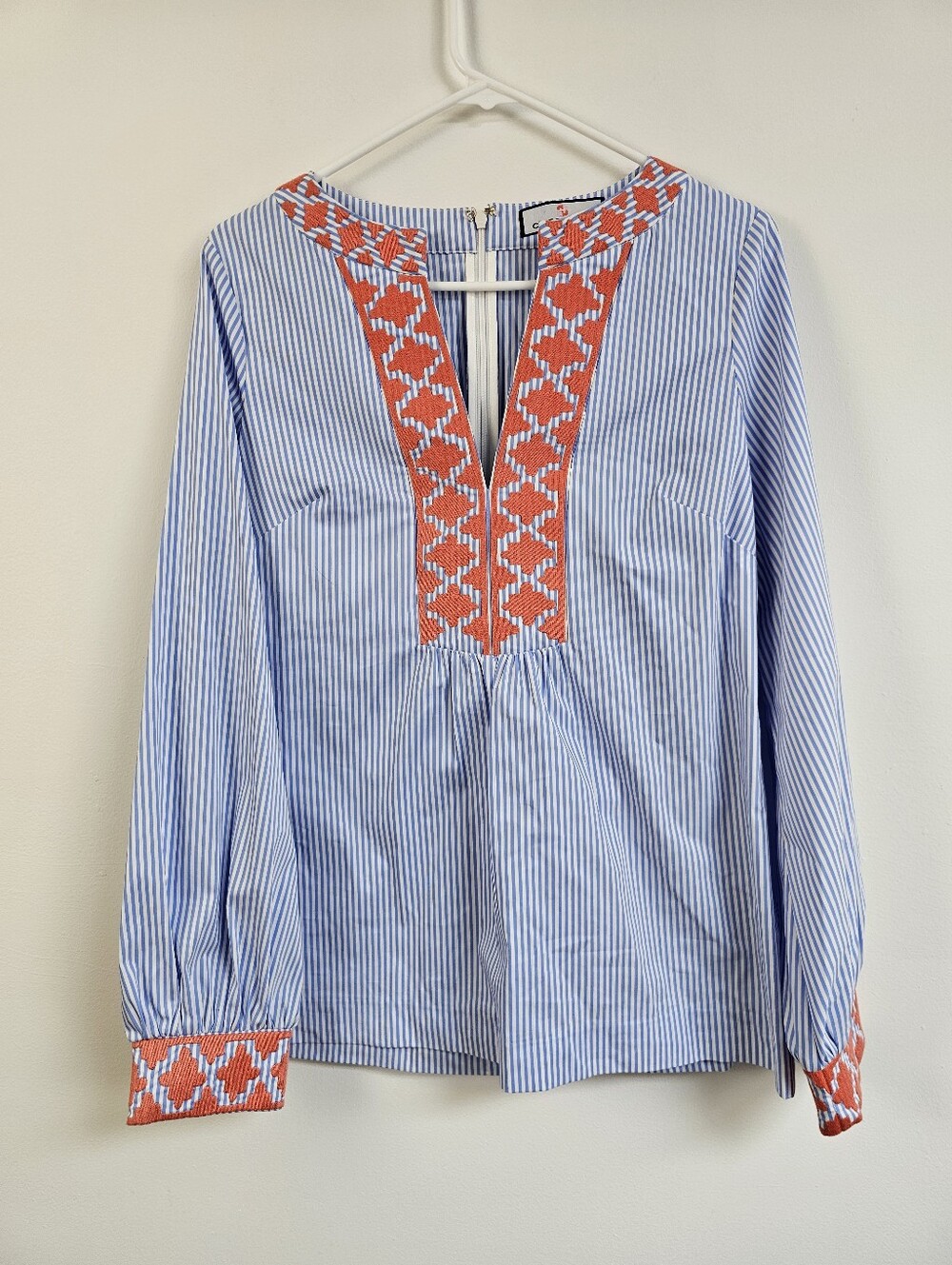 CK Bradley Striped Coral Embroidered Bohemian Long Sleeve Blouse